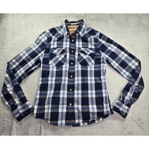 Hollister Shirt Men's Large Pearl Snap Button Up Navy Blue White Plaid